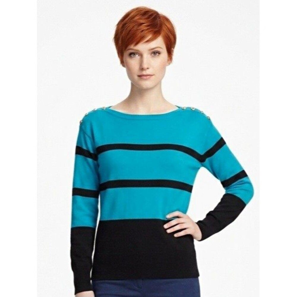 Lauren Ralph Lauren Womens Sweater L Blue/Black Striped Boat Neck Button Long Sl